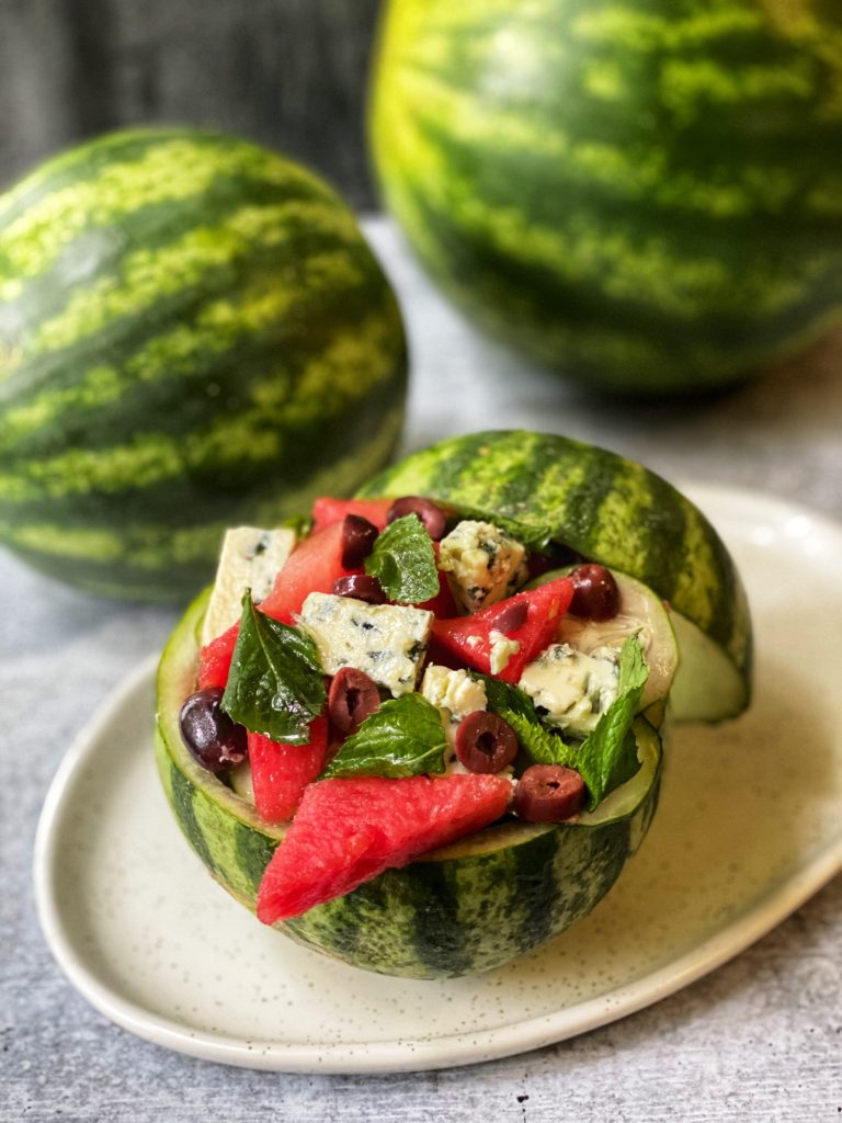 Watermelon Gorgonzola Salad with Mint Simple Syrup featured by top NC food blogger, Food Diary of a City Girl